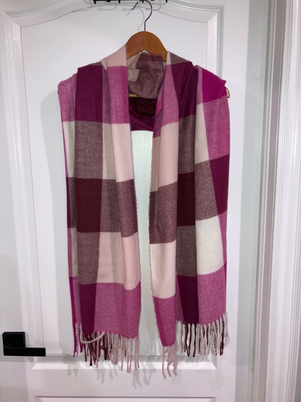 Cleo Pink & Burgundy Plaid Fringe Scarf - NWT